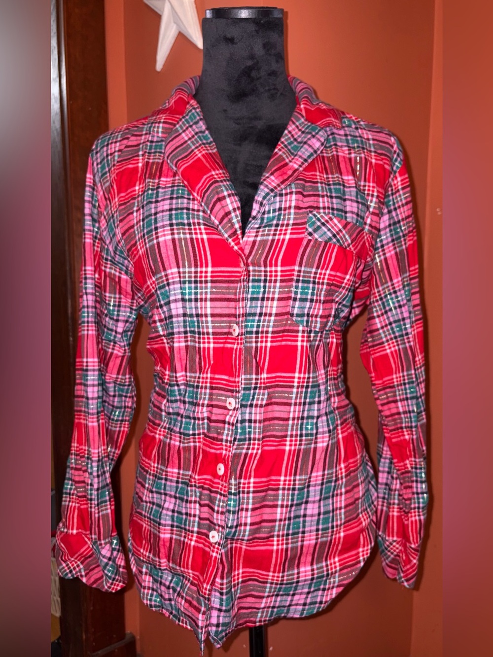 Victoria’s Secret plaid Christmas pajama button up shirt